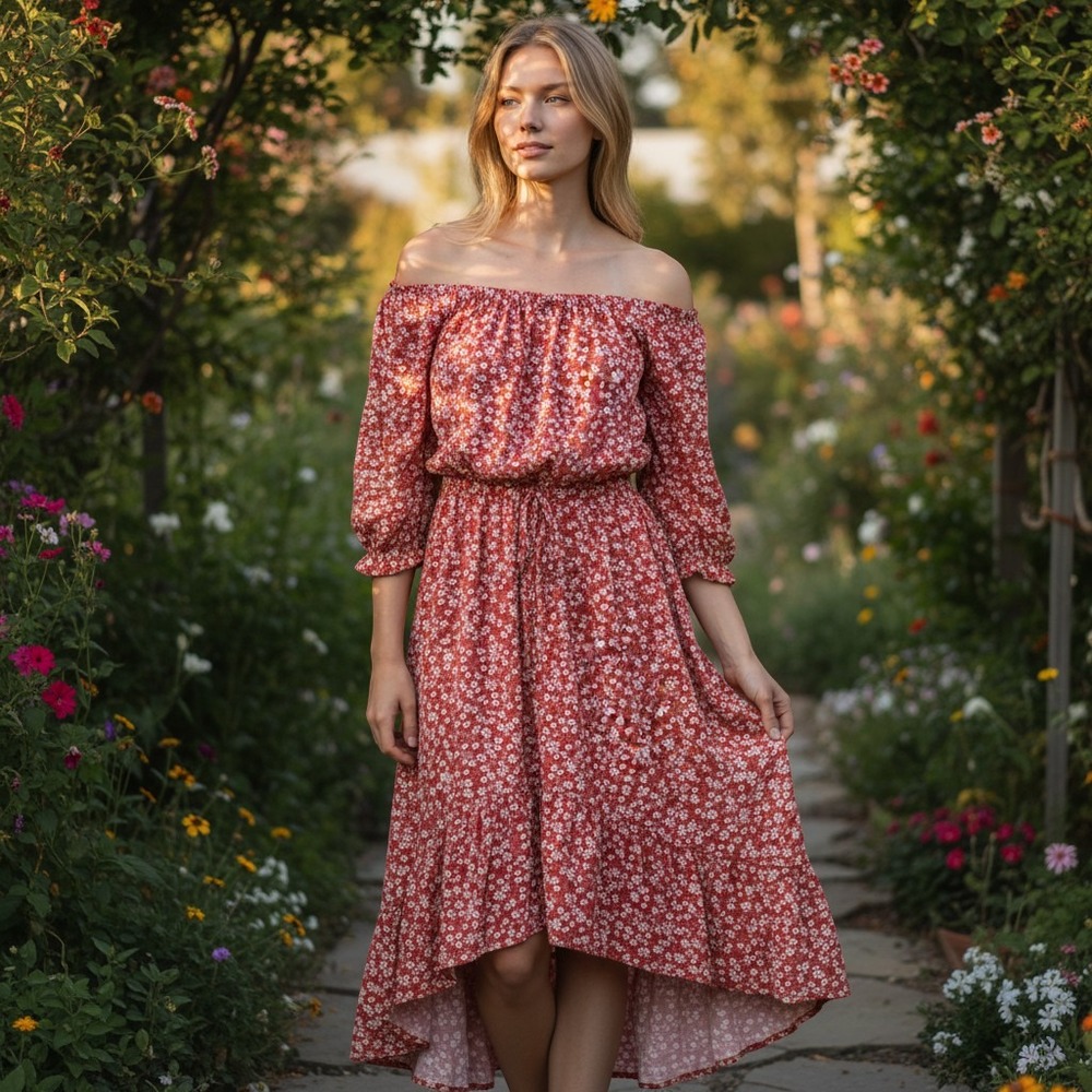 Indigo Rose Floral Off Shoulder High Low Midi Dress Medium Boho Country Ruffle